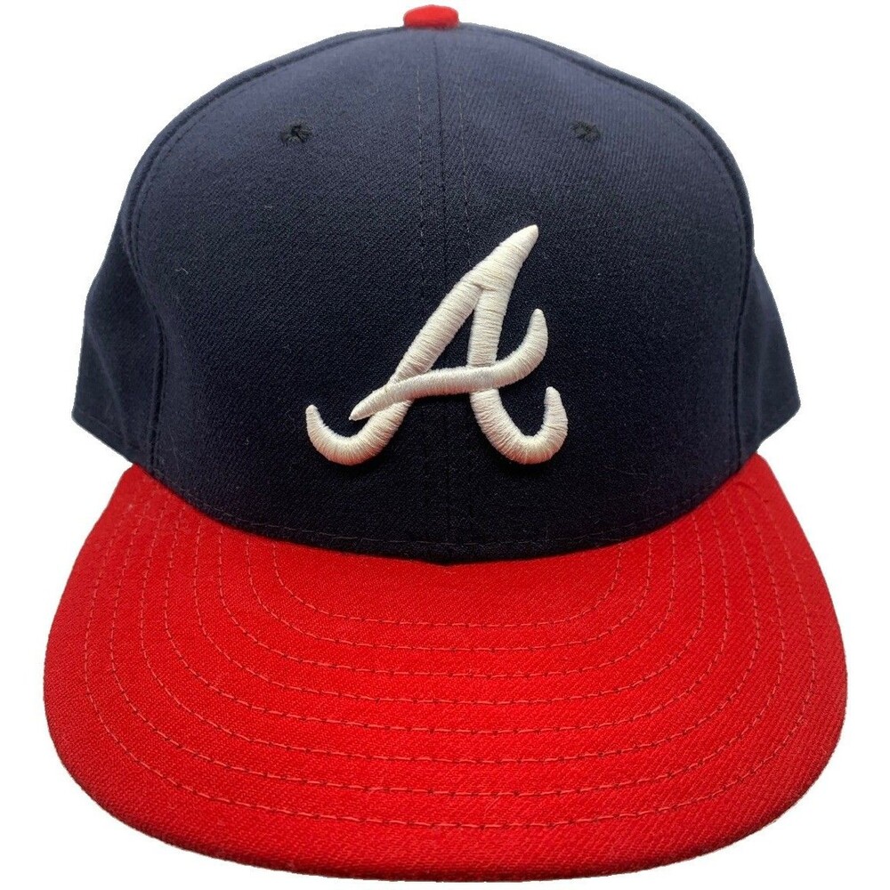 New Era 59FIFTY Atlanta Braves Fitted Hat Size 7 5/8 Navy Red Authentic MLB